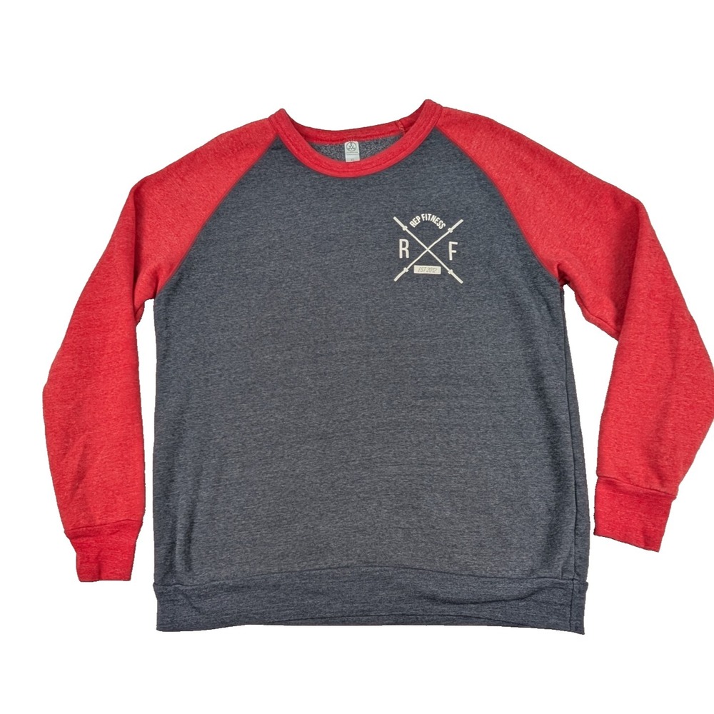 REP Fitness Sweatshirt Mens Size XL Gray/Red Crew Neck Pullover Gym Barbell Logo